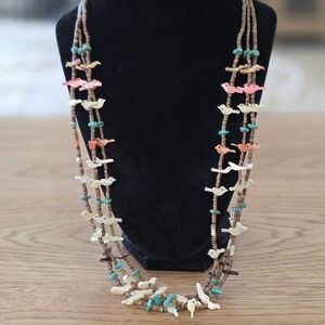 Vintage Native American Heishi Fetish 3 Strand Bird MOP Turquoise Necklace